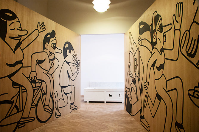 Woodcut walls for the BIG architects show at Charlottenborg, Denmark