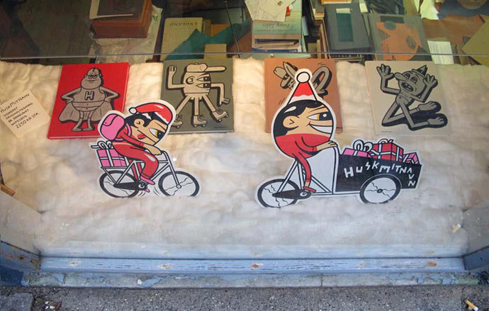 Christmas window and notebooks.