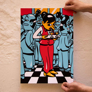 New print in the web shop. Title: 'The Waiter' A3 size, handpulled silkscreen print on heavy acid free paper, edition of 60. Signed and numbered by HuskMitNavn